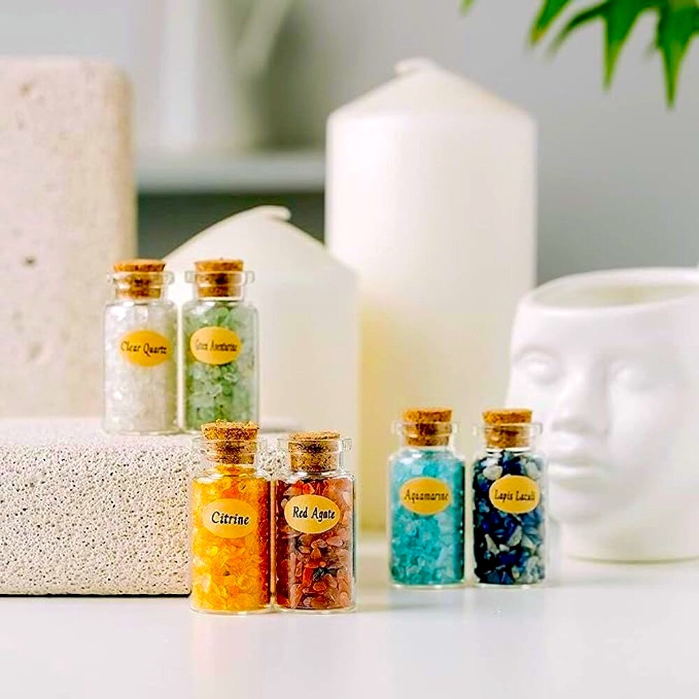 12 pc set - Bottles of Chakra Healing Crystal Chips. 12 diff. colors/crystals